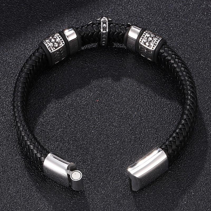 Изображение товара: Черный плетеный кожаный браслет в стиле панк, мужские ювелирные изделия, крест из нержавеющей стали с магнитной пряжкой, плетеные браслеты, подарки, мужские браслеты