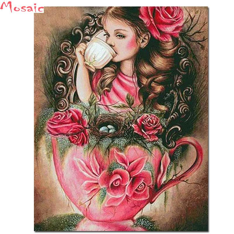 Изображение товара: 5D алмазная живопись полная квадратная/круглая Цветочная вышивка стразами девушка распродажа чашка чайная Девушка Стразы Алмазная мозаика