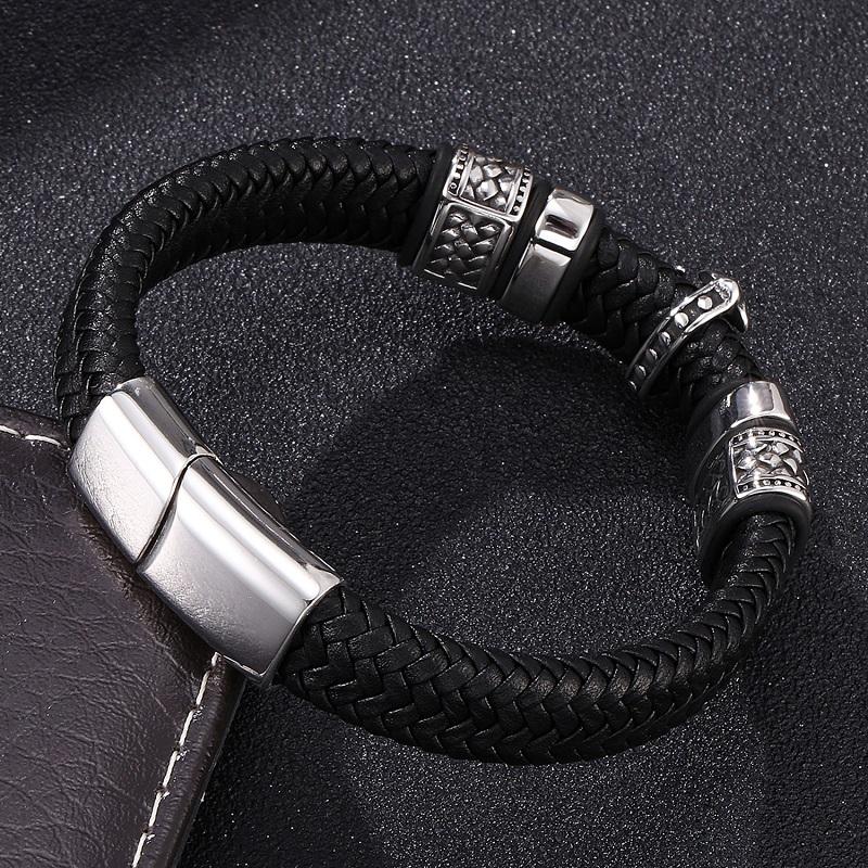 Изображение товара: Черный плетеный кожаный браслет в стиле панк, мужские ювелирные изделия, крест из нержавеющей стали с магнитной пряжкой, плетеные браслеты, подарки, мужские браслеты