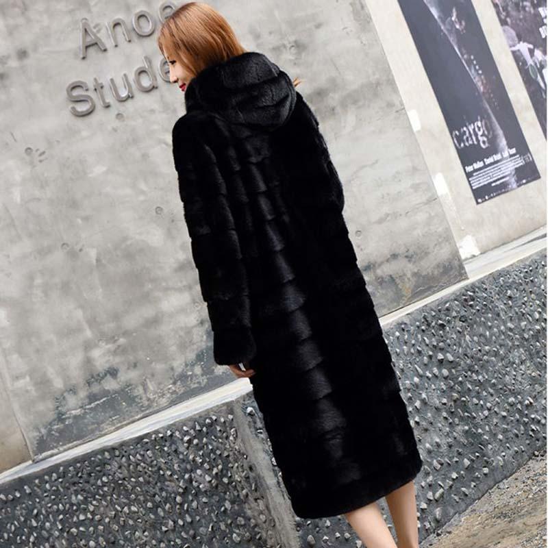 Изображение товара: Новинка, женское черное пальто из искусственного меха с капюшоном, большие размеры S/9XL, Повседневная Женская Длинная Верхняя одежда из плотного искусственного меха D415