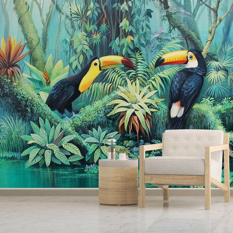 Изображение товара: Пользовательские 3D фото обои ручная роспись тропический лес растение цветок фон с птицей настенная живопись гостиная спальня Фреска