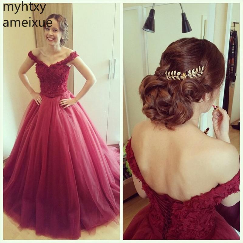 Изображение товара: Dark Sexy Red V-neck Floor Length Lace Applique Soft Tulle Evening Dresses Up Back Long Tulle Prom Party Gown Robe De Soiree