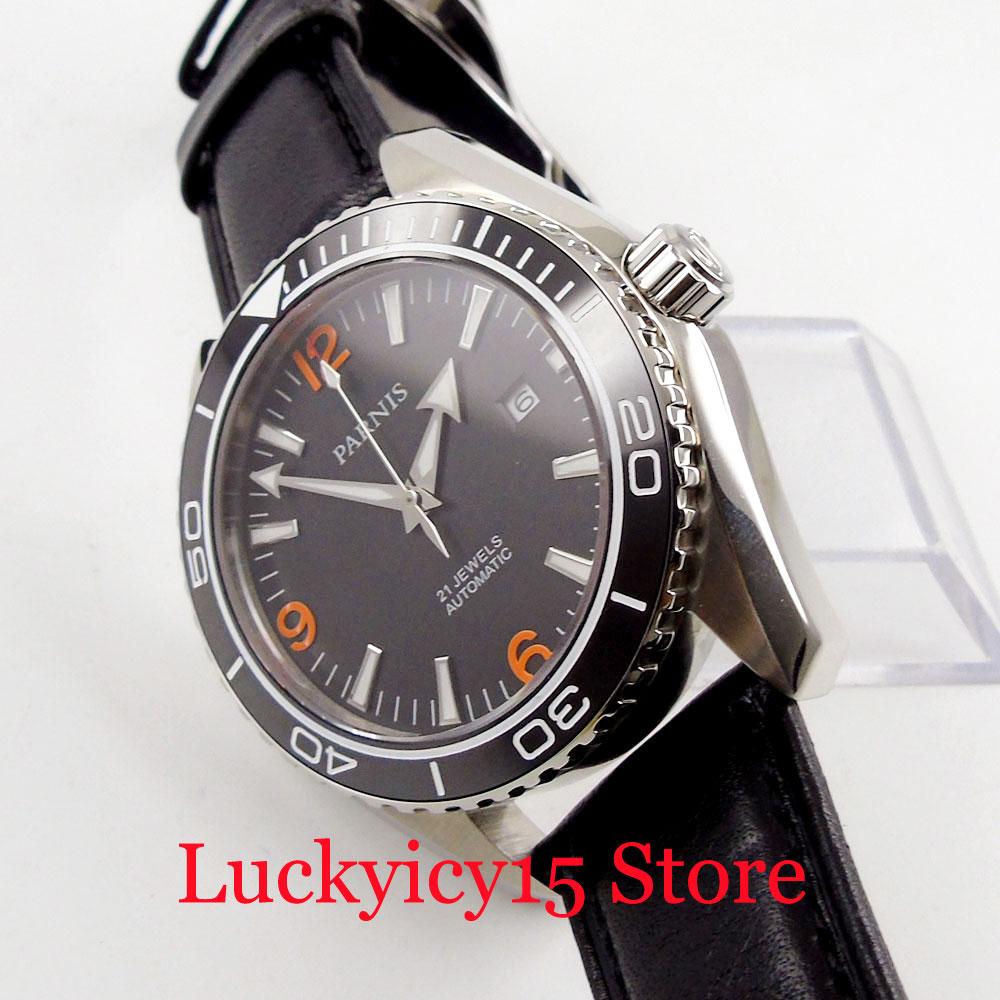 Изображение товара: Мужские часы с автоподзаводом PARNIS, черные роскошные часы с сапфировым стеклом и черным циферблатом 45 мм