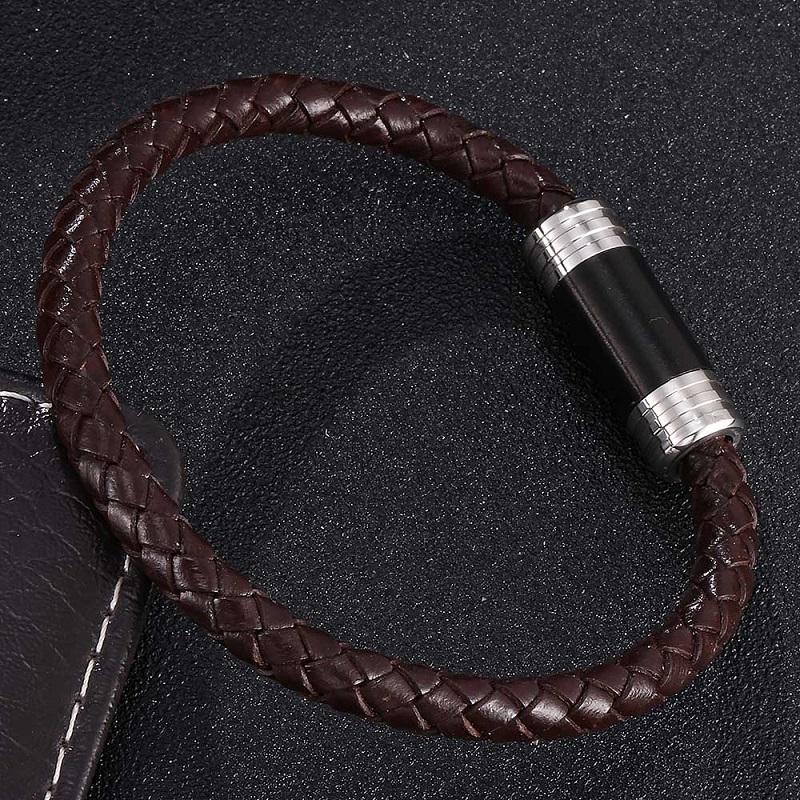 Изображение товара: Модный 6 мм черный/коричневый кожаный плетеный браслет для мужчин и женщин Ювелирный магнитный браслет со стальными элементами мужской браслет на запястье подарки PD0410
