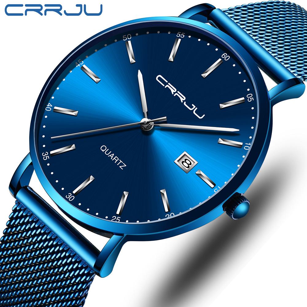 Изображение товара: CRRJU мужские часы Топ бренд класса люкс спортивные водонепроницаемые сетчатые Стальные кварцевые часы мужские тонкие модные синие часы мужские Relogio Masculino
