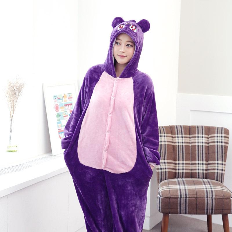 Изображение товара: Пижама для взрослых, Женская Фланелевая пижама, унисекс, милая пижама в виде фиолетовой Луны, кота, мультяшных животных, пижама с капюшоном, кигуруми