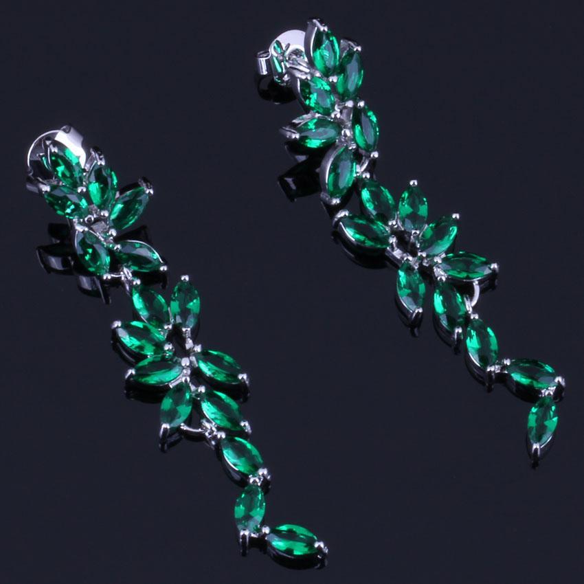Изображение товара: Длинные серьги-подвески с зеленым кубическим цирконием, покрытые серебром, V0341