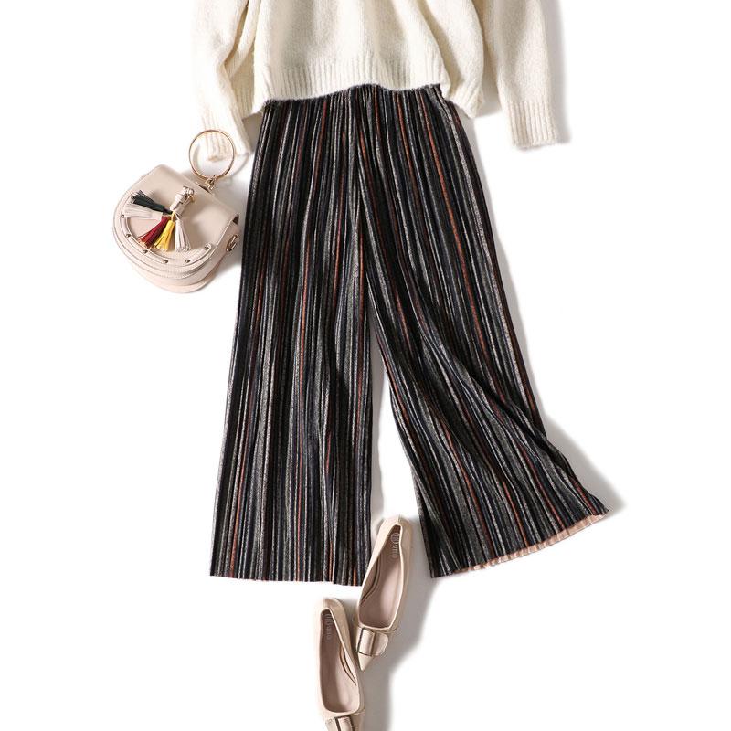 Изображение товара: Женские плиссированные брюки, шерстяные шаровары с широкими штанинами, с эластичным поясом, толстые расклешенные штаны, Осень-зима 2020