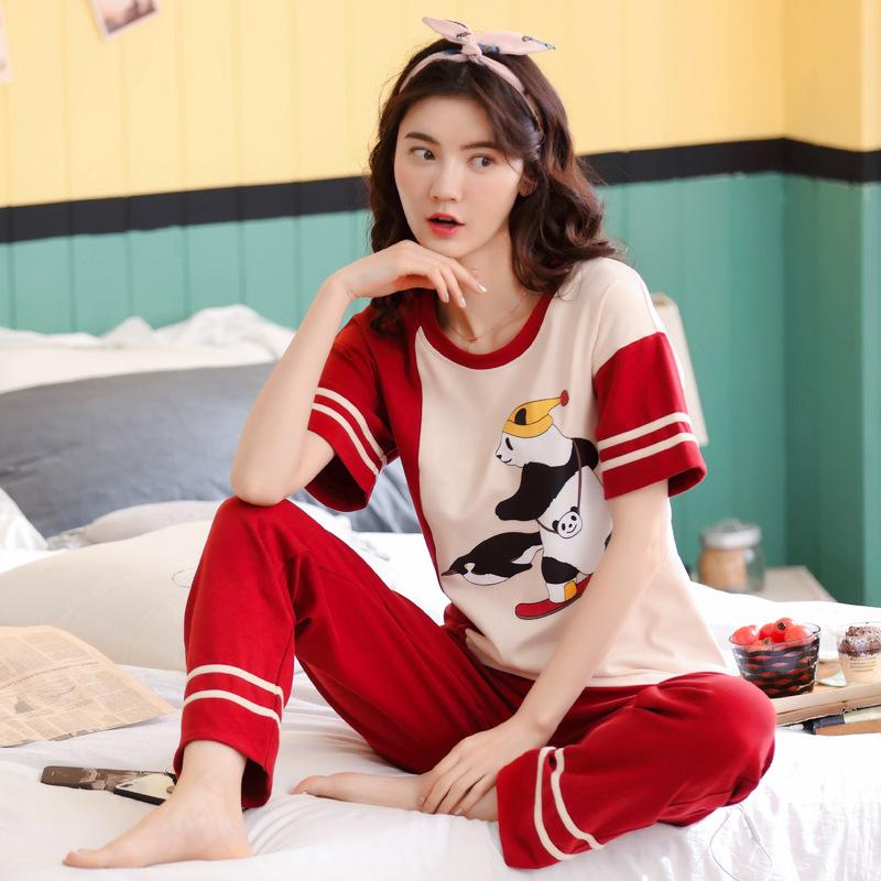 Изображение товара: Женская летняя Хлопковая пижама, Модный пуловер, домашняя одежда, брюки с коротким рукавом, удобные тонкие пижамные комплекты из двух предметов, пижамный комплект