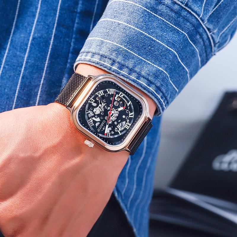 Изображение товара: CAROTIF Лидирующий бренд модные часы Мужские автоматические механические часы с скелетом мужские водонепроницаемые квадратные наручные часы Relogio Masculino