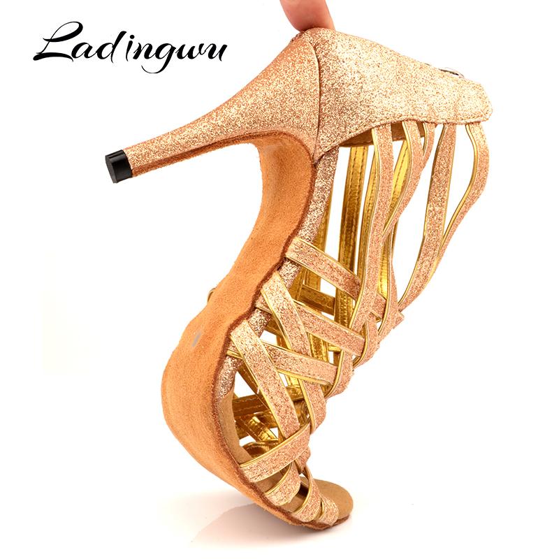 Изображение товара: Латинские танцевальные сапоги золотистого и черного цветов с блестками; профессиональная обувь для танцев на каблуке 10 см; Zapatos De Baile; размеры США 3,5-12 см