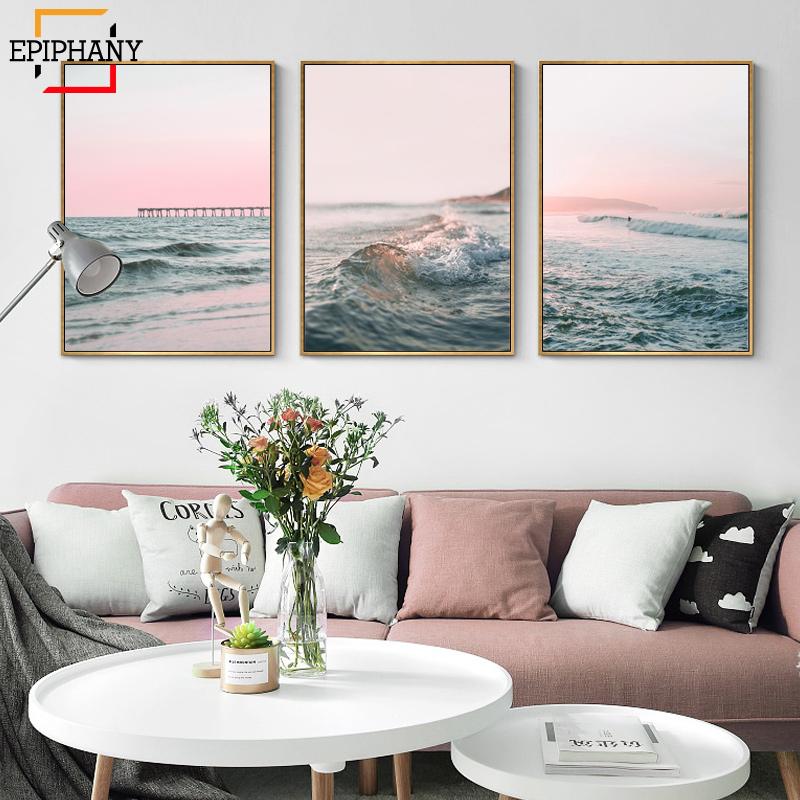 Изображение товара: Современная картина с изображением океана, Картина на холсте, пляж, розовые волны закат, пейзаж, плакаты, настенные картины для гостиной