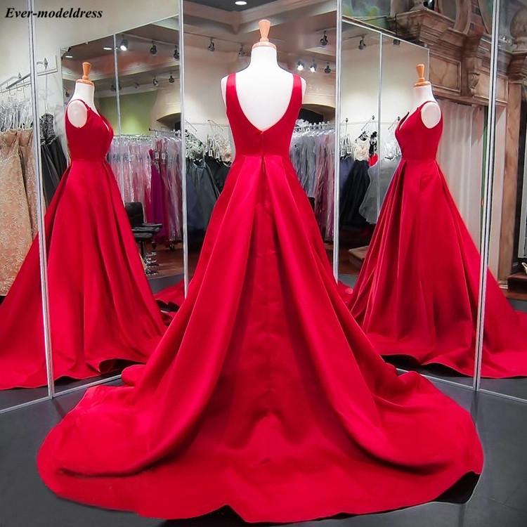 Изображение товара: Красные платья для выпускного вечера 2021 Простые Длинные вечерние платья трапециевидной формы, с низким вырезом на спине размера плюс Атлас официальная Вечеринка Вечерние Платья Vestidos De Festa Бесплатная доставка