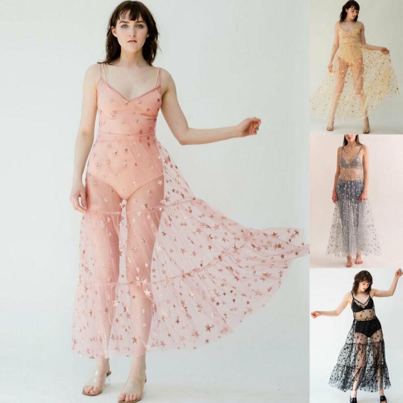 Изображение товара: 2019 женское Сетчатое Прозрачное платье макси со звездами, накидка на бикини, купальник, летняя верхняя одежда с V-образным вырезом