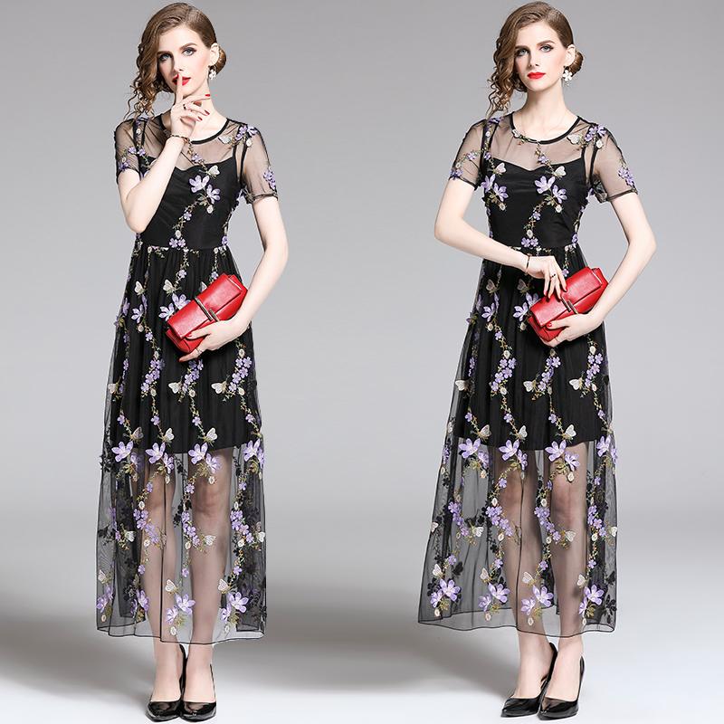 Изображение товара: Женское длинное Сетчатое платье BLLOCUE, элегантное подиумное платье с трехмерной цветочной вышивкой, лето 2019