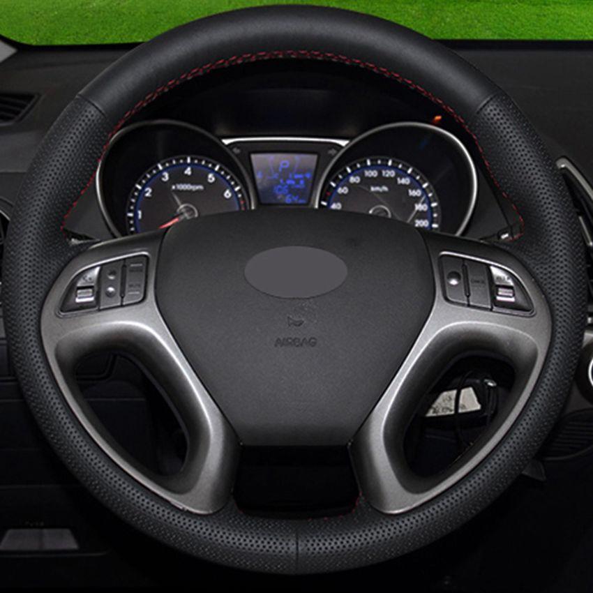 Изображение товара: Сшитая вручную Обложка рулевого колеса, черная искусственная кожа, фотообложка для Hyundai ix35 Tucson 2011-2015