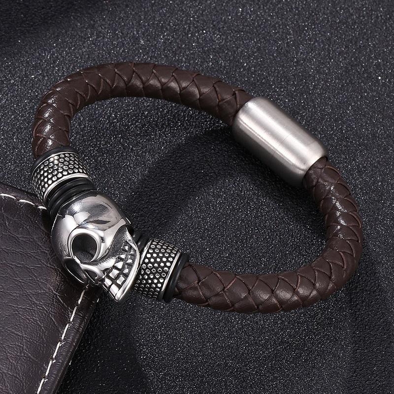 Изображение товара: Черный/Коричневый Кожаный 8 мм плетеный браслет мужские модные ювелирные изделия Череп из нержавеющей стали магнитная пряжка модный мужской Плетенный браслет