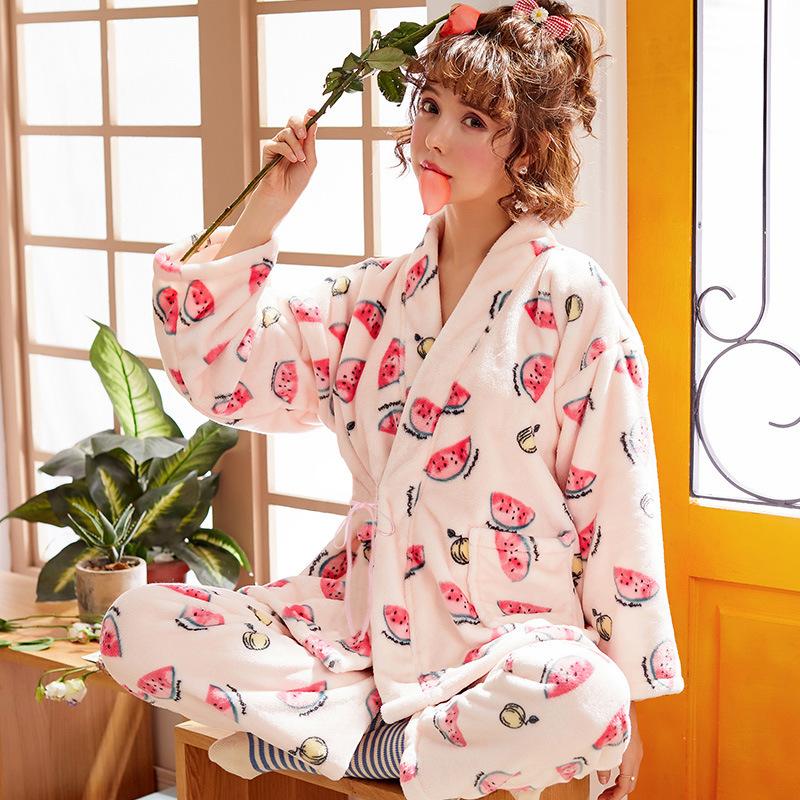 Изображение товара: Женская зимняя пижама из плотного кораллового флиса, женский халат-кимоно, халат, брюки с длинным рукавом, фланелевые женские пижамные комплекты, Пижама