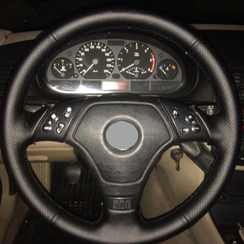 Изображение товара: Сшитый вручную чехол на руль, черная искусственная кожа, чехол рулевого колеса автомобиля для BMW E36 E39 E46