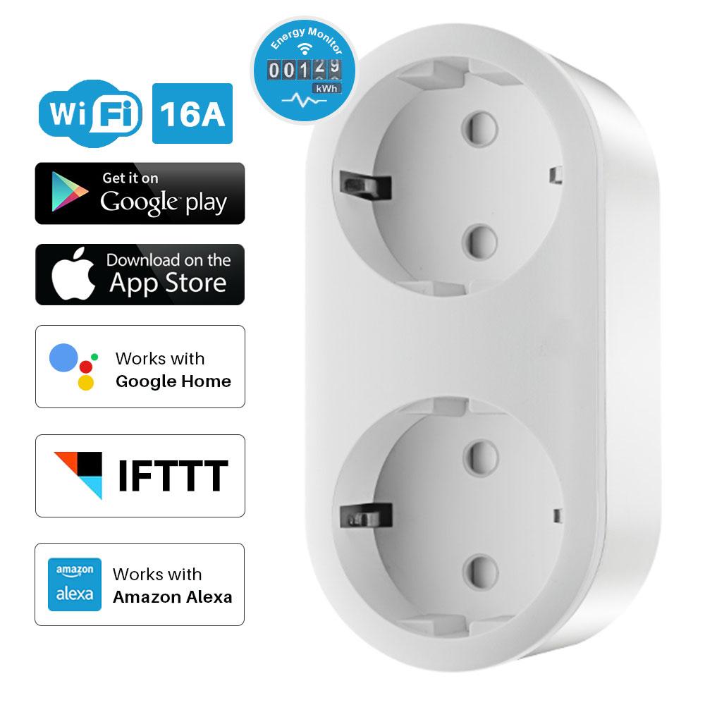 Изображение товара: Умная штепсельная розетка 2 в 1, Wi-Fi, ЕС, 16 А, розетка с монитором энергии, управление через приложение, работает с Google Home Mini Alexa IFTTT