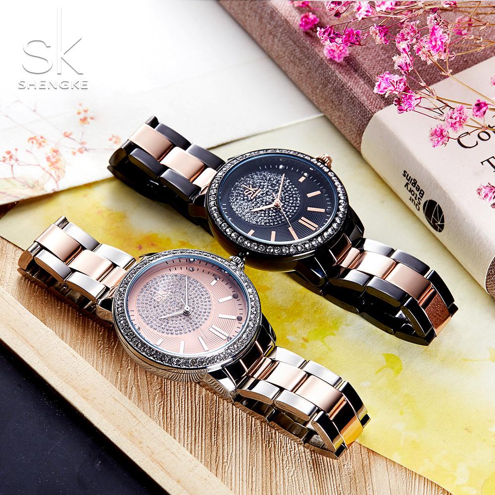 Изображение товара: SK женские часы лучший бренд SHENGKE розовое золото, женские кварцевые часы с кристаллами, роскошные женские наручные часы для девочек, Relogio Feminino