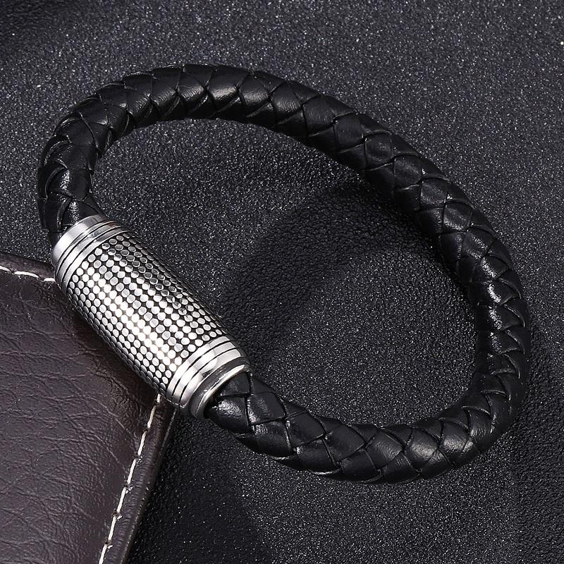 Изображение товара: Мужской кожаный плетеный браслет, из нержавеющей стали, с магнитной застежкой, черный/коричневый