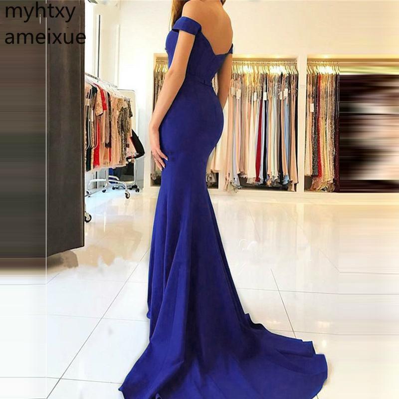 Изображение товара: Женское вечернее платье-русалка, синее и розовое платье с открытыми плечами и вырезом лодочкой, эластичное длинное платье для выпускного вечера, 2021