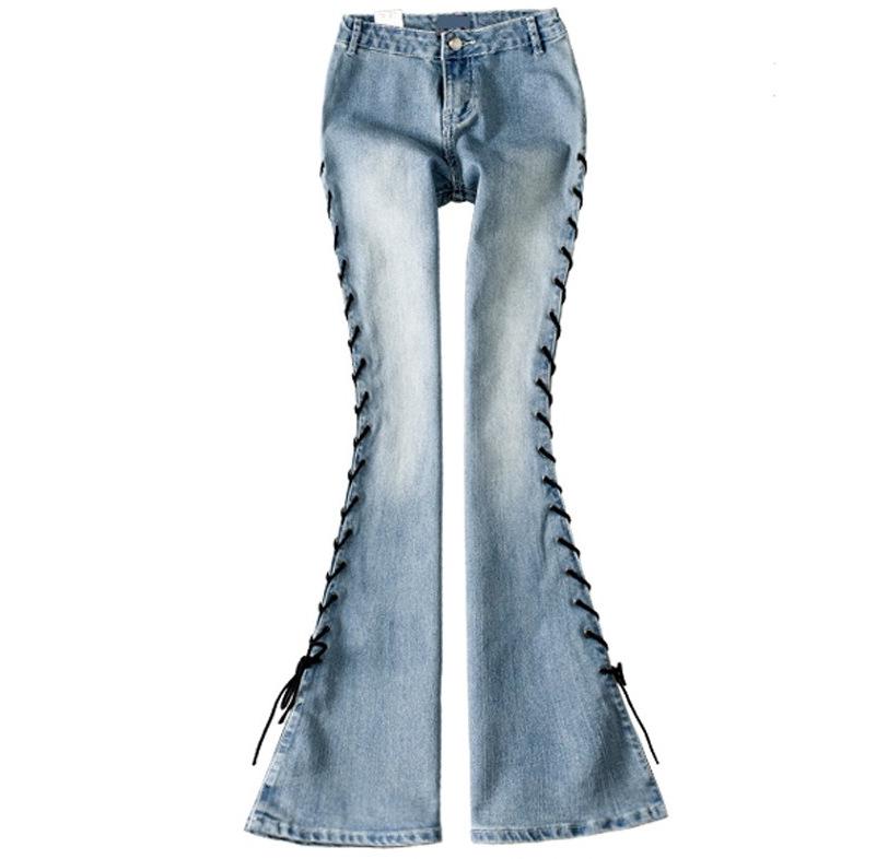 Изображение товара: Женские обтягивающие джинсы-клеш, синие Эластичные Обтягивающие джинсы с поясом, высокой талией и разрезом, 2022