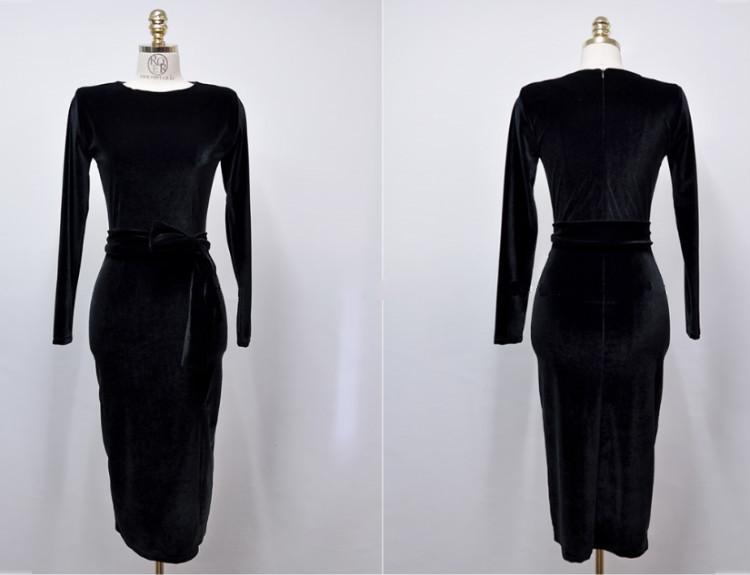 Изображение товара: Женское вельветовое платье, однотонное винтажное облегающее черное платье-футляр с длинным рукавом, большого размера, Осень-зима, S-XXL