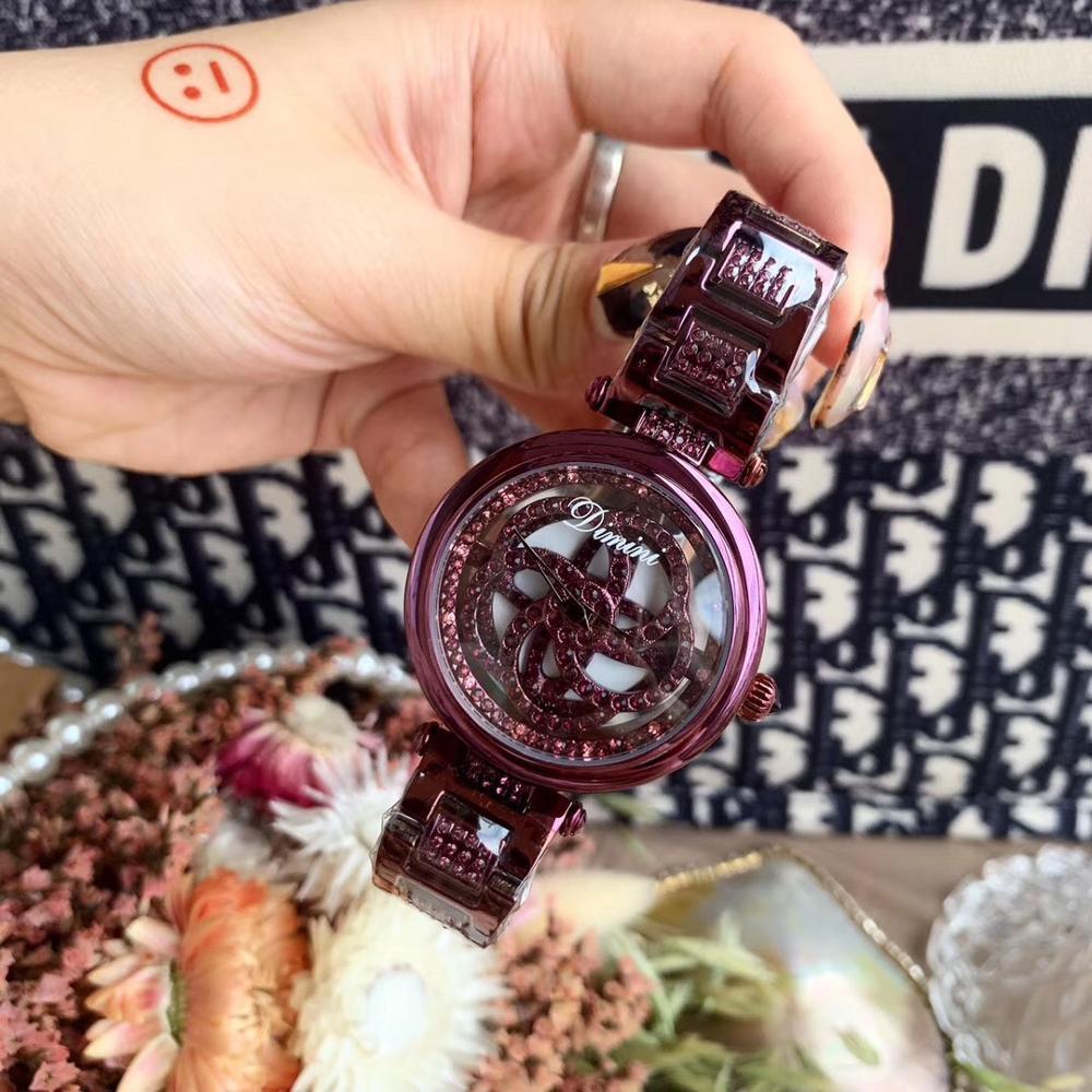 Изображение товара: От выцветания бренд женские фиолетовые кристаллы платье часы полый цветок спиннинг наручные часы водонепроницаемые полный стальной часы кварцевые Montre