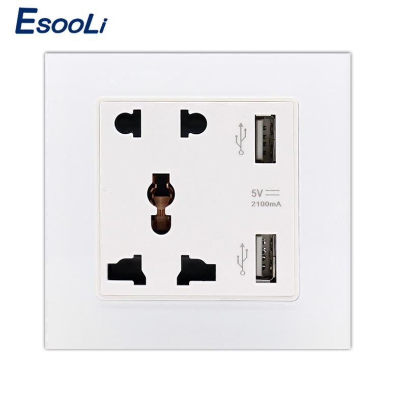Изображение товара: Розетка электрическая Esooli стеклянная настенная, универсальная, 5 отверстий, 2 USB-порта, 2100 мА
