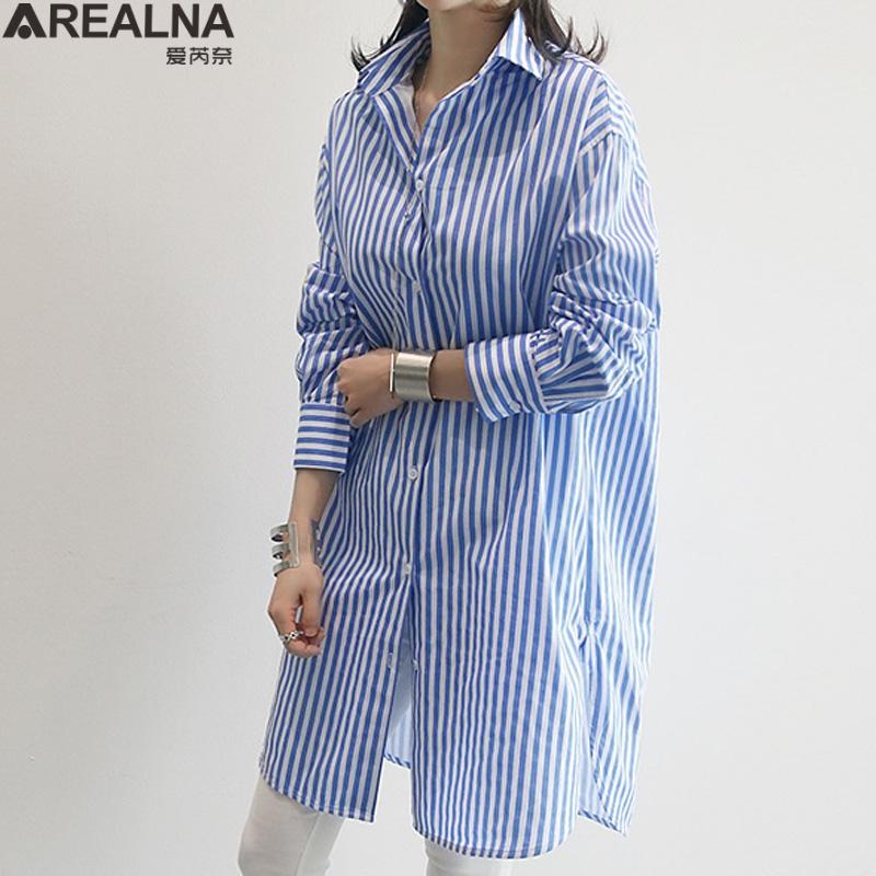 Изображение товара: Женская Полосатая Рубашка-кимоно на пуговицах, свободная синяя Длинная блузка на весну и осень, Женский Повседневный Кардиган с длинным рукавом, топы, блузы и рубашки