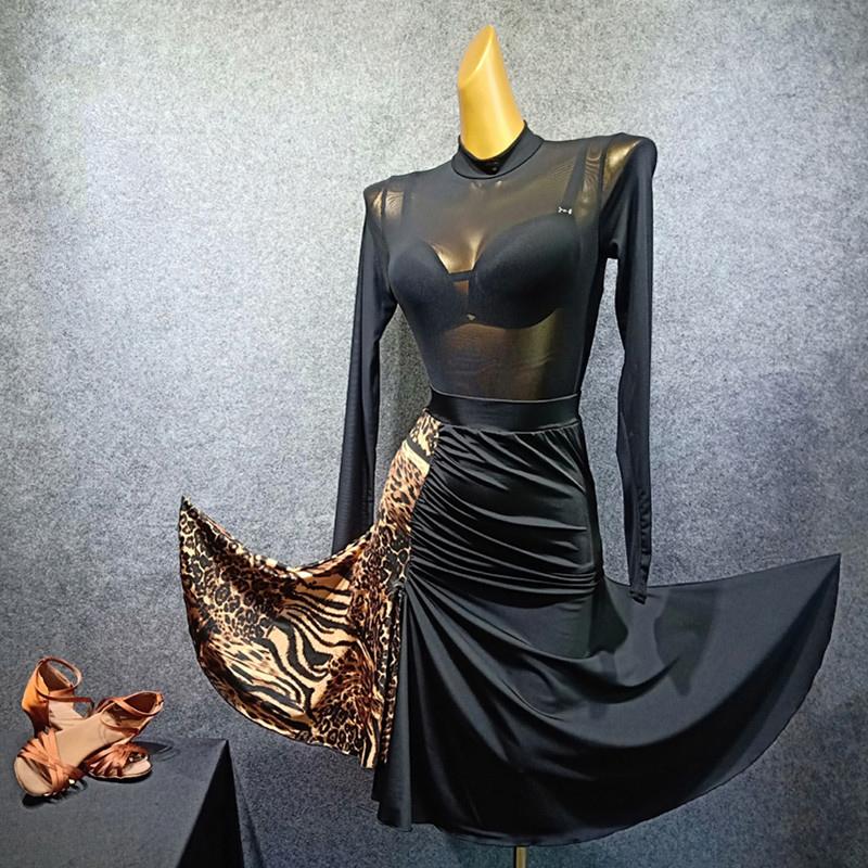Изображение товара: Черные леопардовые сексуальные латинские танцевальные юбки для женщин ча Сальса представление высокого класса стандартные танцевальные платья Половина Юбки DL4080