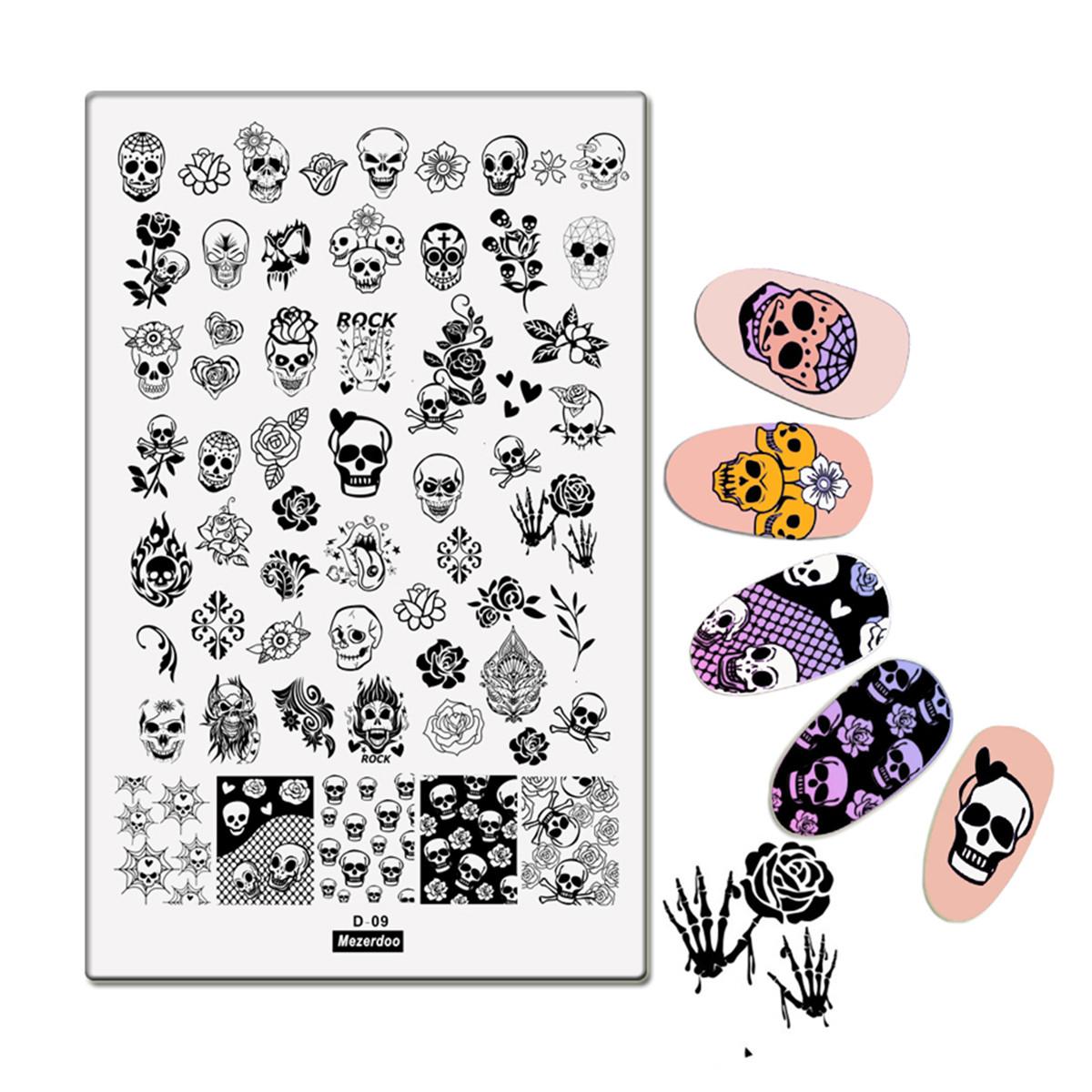 Изображение товара: Большая прямоугольная пластина для стемпинга, с изображением черепа, розы, маникюр, Хэллоуин, штамп для дизайна ногтей, трафареты, инструменты, 9,5*14,5 см D09
