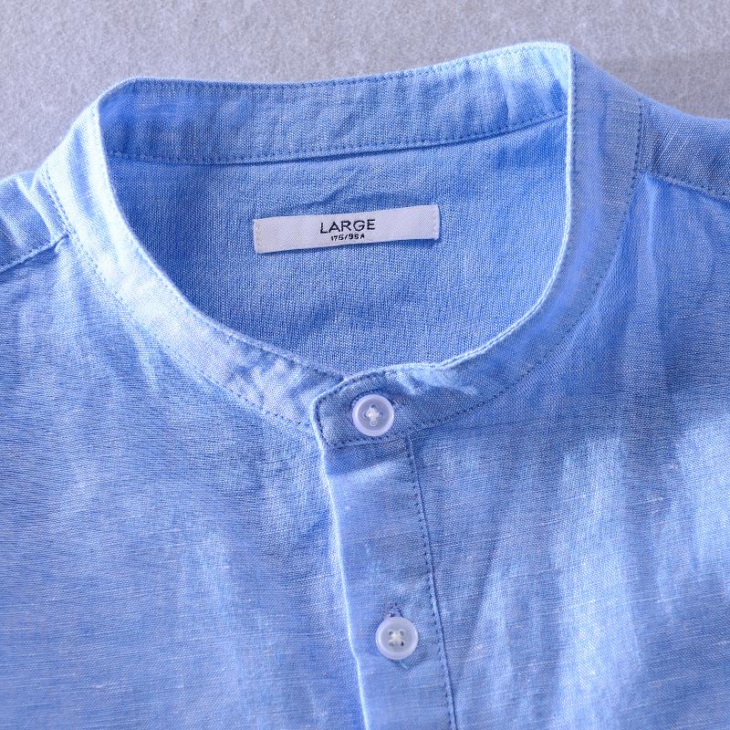 Изображение товара: Рубашка мужская с коротким рукавом, хлопково-Льняная блуза с воротником-стойкой и карманами, свободного покроя, брендовая рубашка, лето