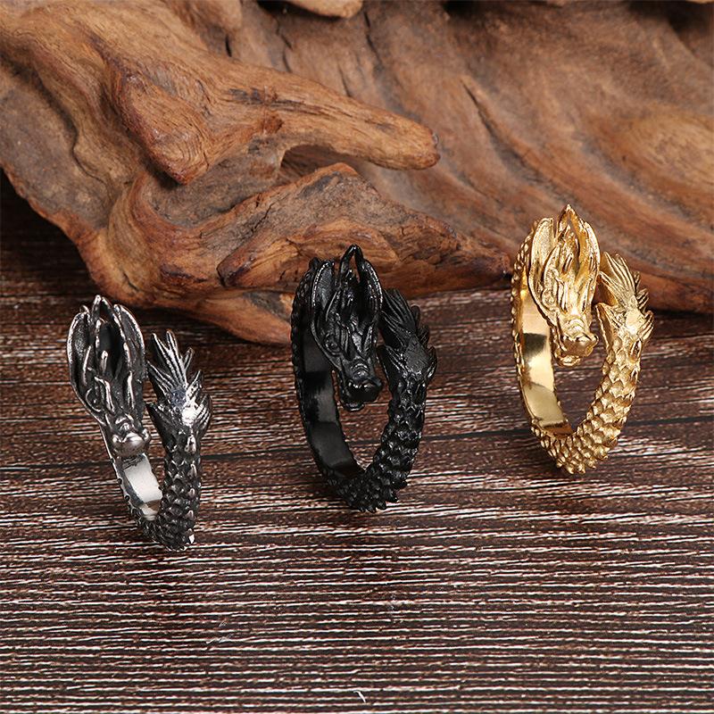 Изображение товара: Кольцо с драконом властителя из нержавеющей стали 316 в стиле ретро, мужское Открытое кольцо в европейском и американском стиле