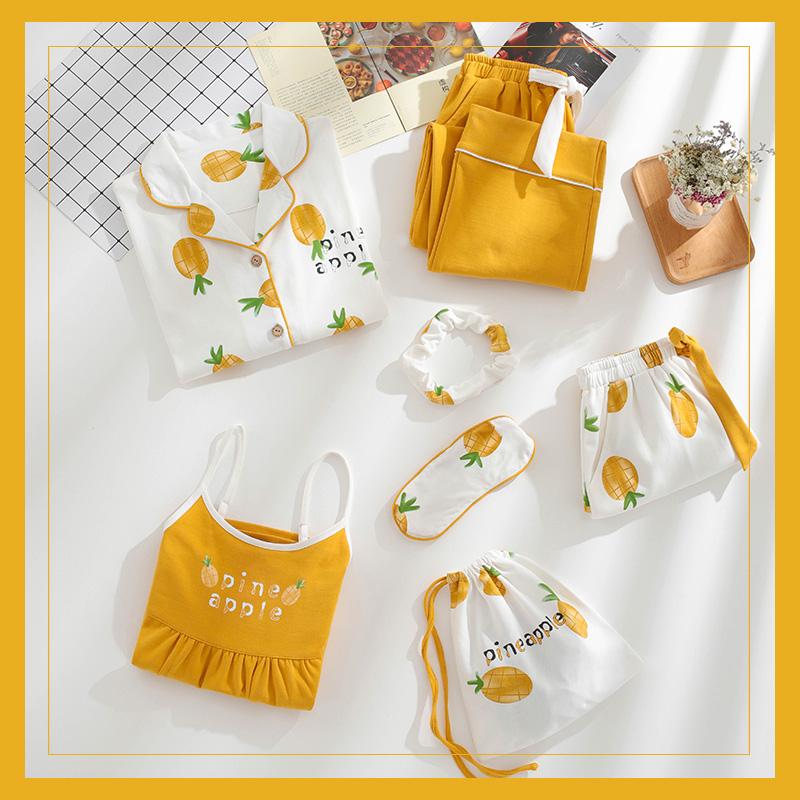 Изображение товара: Пижамный комплект JRMISSLI женский из 7 предметов, одежда для сна с принтом желтого ананаса, домашняя одежда из хлопка, пижамный комплект, 2021