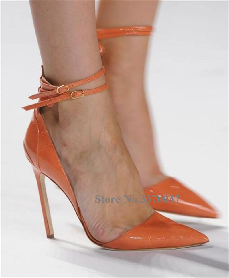 Изображение товара: Туфли-лодочки женские из лакированной кожи, заостренный носок, высокий каблук-шпилька, блестящие классические туфли фиолетового и оранжевого цвета