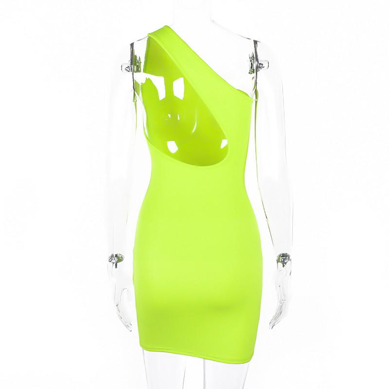 Изображение товара: Женское ФЛУОРЕСЦЕНТНОЕ неоново-зеленое платье, осень 2022, мини-платья на одно плечо с открытой спиной, облегающее короткое платье без рукавов, платья