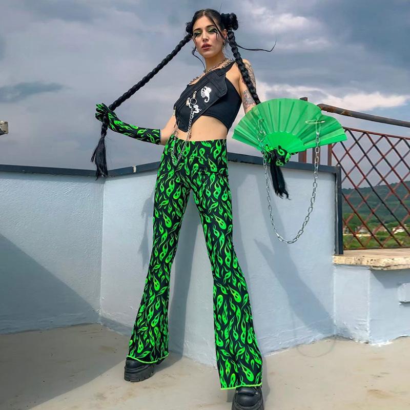 Изображение товара: InstaHot зеленые расклешенные брюки с высокой талией Расклешенные леггинсы с брюками клеш с принтами  осень зима 2019 женские модные сексуальные клубные брюки