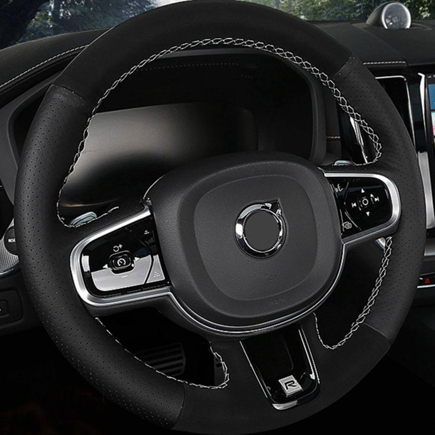 Изображение товара: Чехол для руля Volvo S60, черный, искусственная кожа, прошитый вручную, чехол рулевого колеса автомобиля