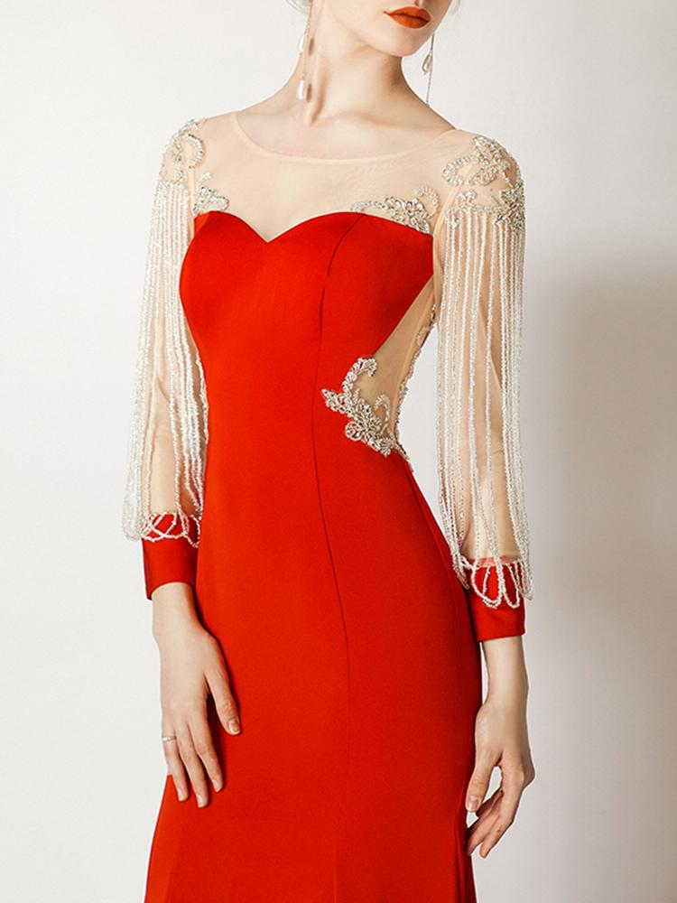 Изображение товара: Женское вечернее платье с юбкой годе, Красное длинное платье с глубоким вырезом и длинным рукавом, расшитое бисером, 2020