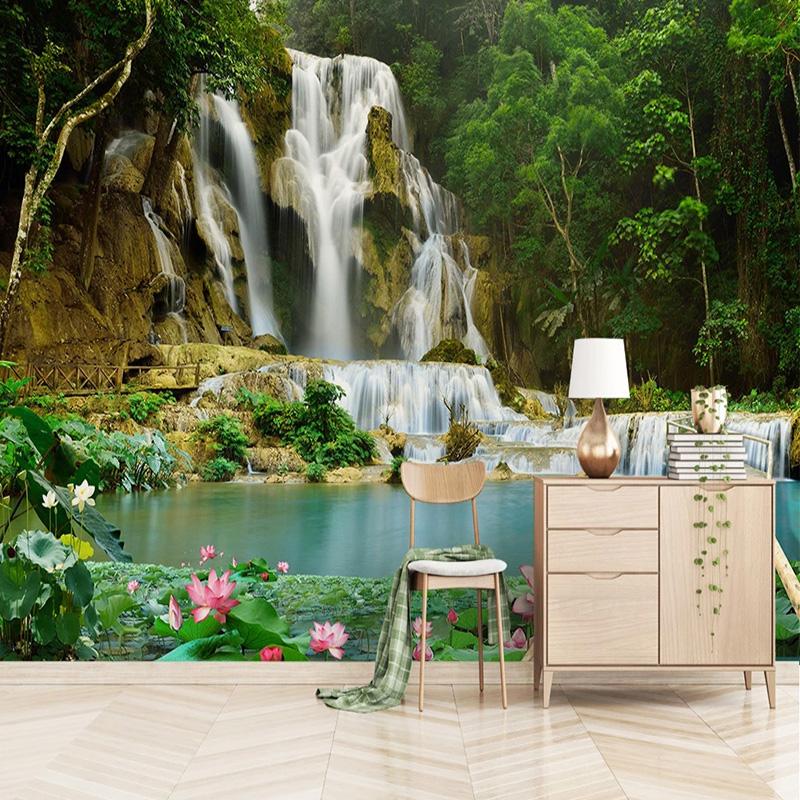 Изображение товара: Настенные 3D обои, водостойкие, на заказ, водостойкие, с изображением леса, водопада, для гостиной, телевизора, дивана