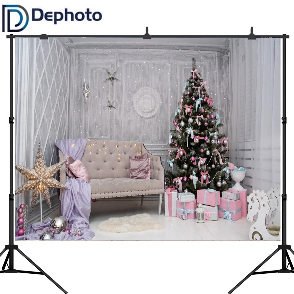 Изображение товара: Фон для фотосъемки с изображением рождественской елки, светильник с лампочкой, дивана, сверкающие звезды, фотографические фоны для фотостудии