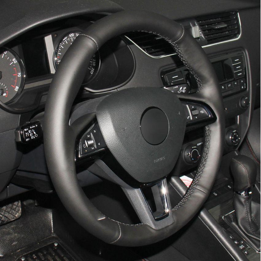 Изображение товара: Черная искусственная кожа, сшитая вручную, чехол рулевого колеса автомобиля для Skoda Citigo 2013-2019 Fabia 2013-2019 Karoq 2017-2019