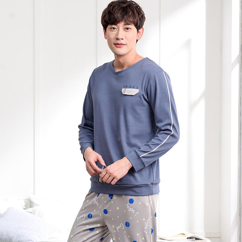 Изображение товара: Мужские весенние и осенние штаны с длинными рукавами хлопковые корейские Пижамы 2019 новые домашние мужские Пижамные наборы пижамы мужские s пижамы