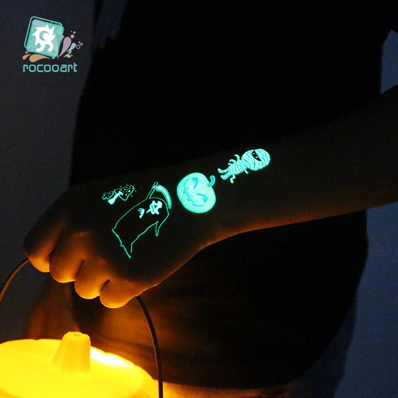 Изображение товара: Rocooart Хэллоуин, праздвечерние чное украшение для тела, светящиеся Мультяшные татуировки для детей, светящиеся в темноте тату-наклейки