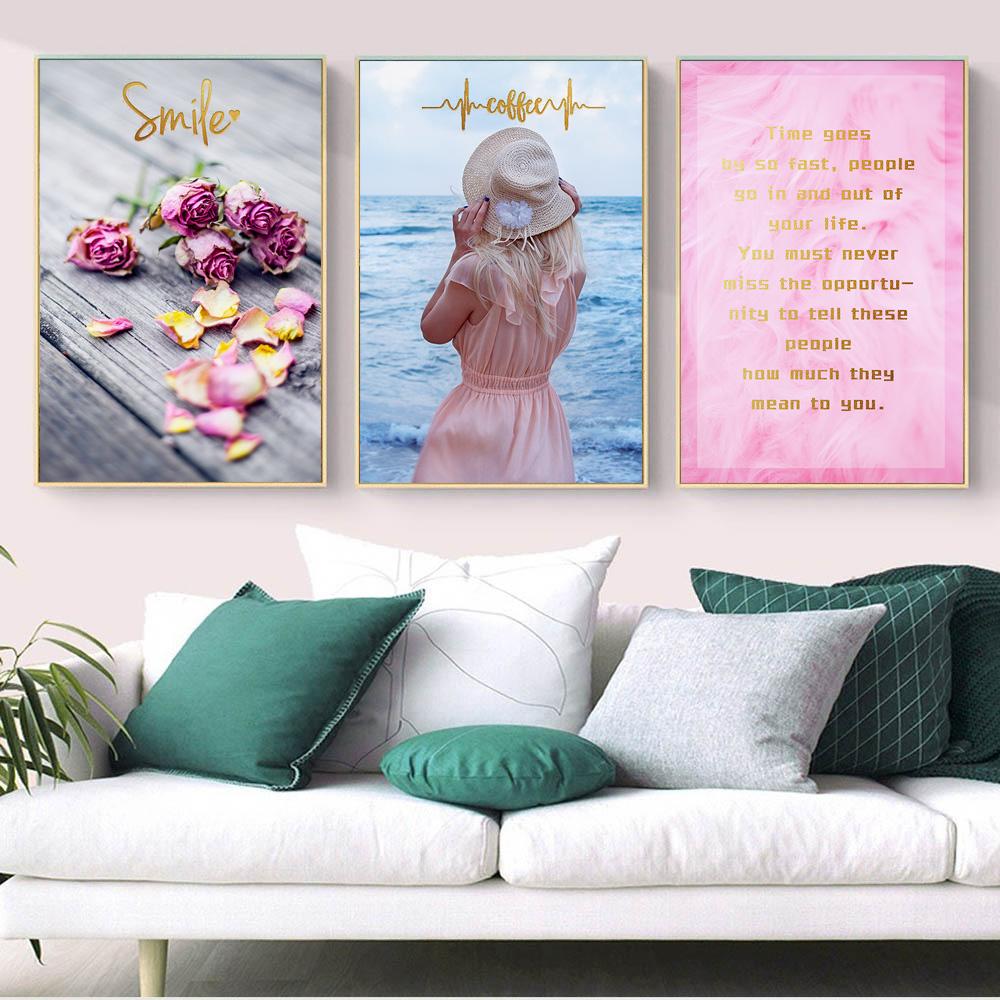 Изображение товара: Модная девушка цветок Розовое Перо цитаты настенная Картина на холсте скандинавские постеры и принты настенные картины для декора гостиной