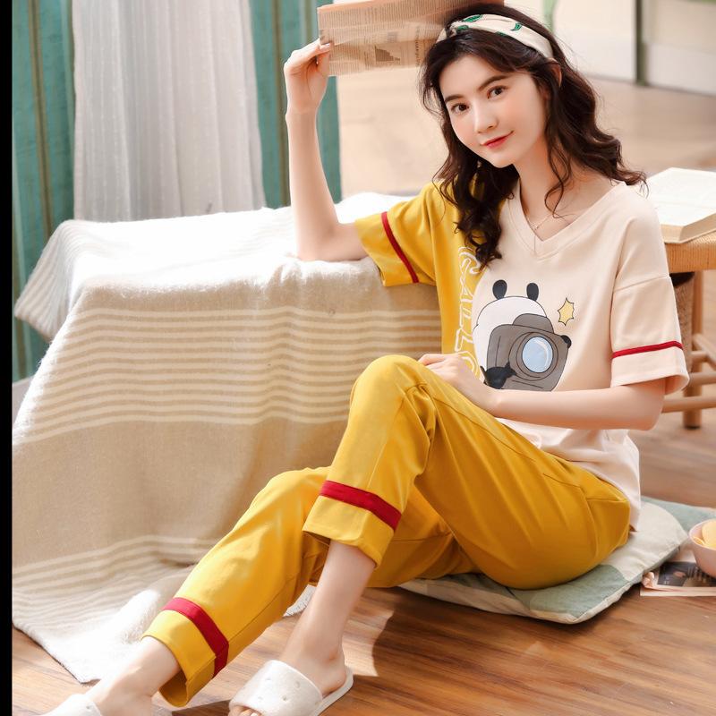 Изображение товара: Женская новая летняя пижама из чистого хлопка, свежий и милый корейский домашний короткий рукав, брюки, повседневные тонкие пижамные комплекты из двух предметов, пижамы