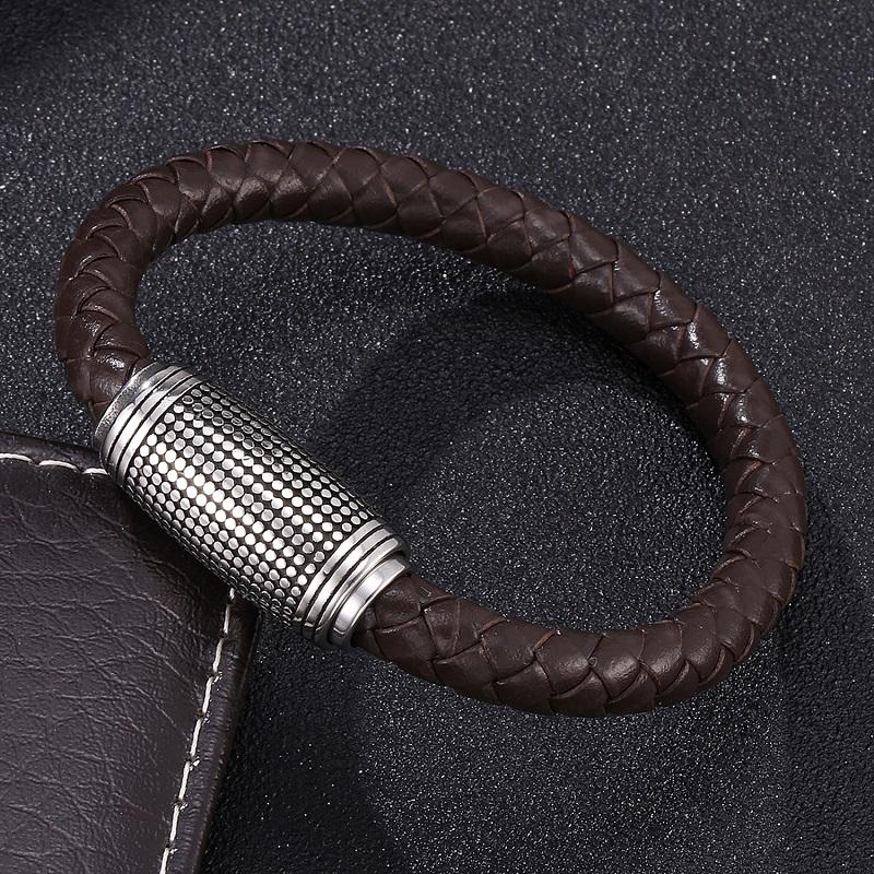 Изображение товара: Мужской кожаный плетеный браслет, из нержавеющей стали, с магнитной застежкой, черный/коричневый